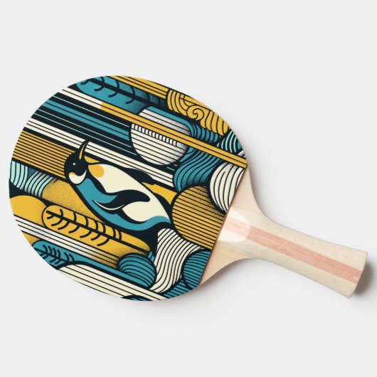 Raquette De Ping Pong Pingouin bleu Turquoise jaune moutarde en géométri (Côté)