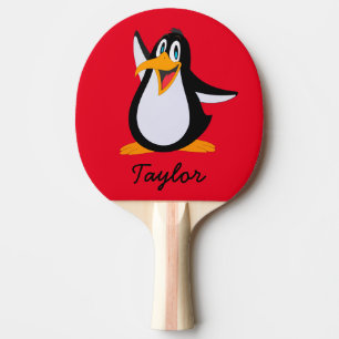 Raquette De Ping Pong Pingouin de dessin mignon sur rouge avec nom