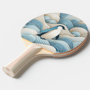 Raquette De Ping Pong Pingouin En Crème Bleu Vagues Abstraites