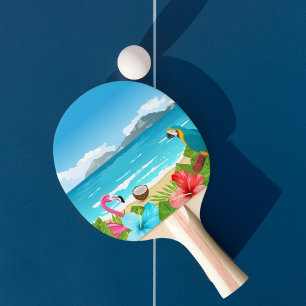 Raquette De Ping Pong Plage tropicale mer flamingo hibiscus fleurs roses