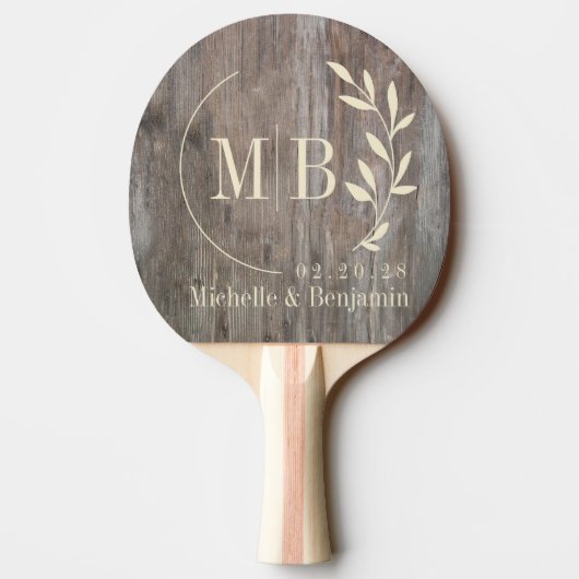 Raquette De Ping Pong Planches Usées Monogramme de Mariage Feuille (Dos)
