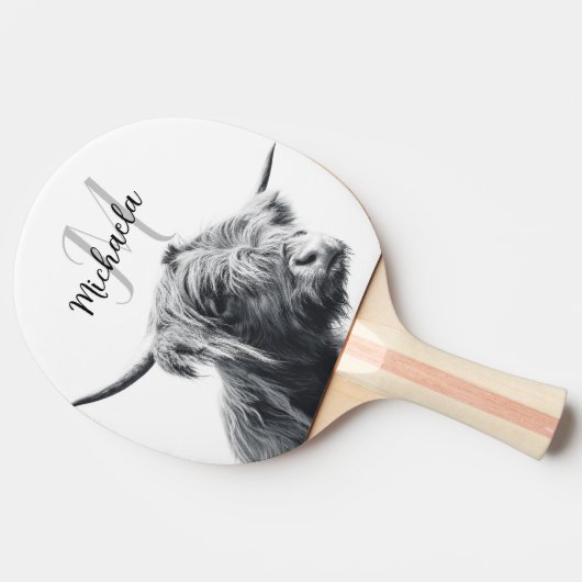 Raquette De Ping Pong Portrait de vache Highland premier monogramme noir (Côté)