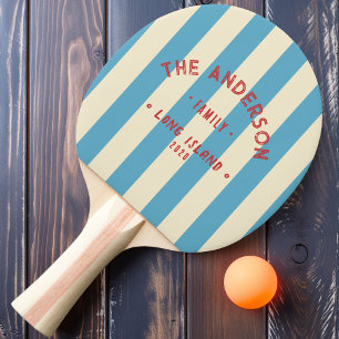 Raquette De Ping Pong Rayure Ciel Aqua Bord de Mer & Nom de Famille