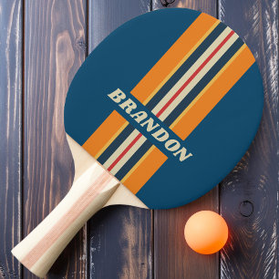 Raquette De Ping Pong Rayure de Rallye Arc-en-Ciel Bleu Vintage avec Nom