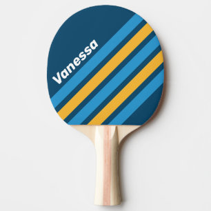Raquette De Ping Pong Rayures anglées bleu marine rétro avec nom