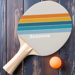 Raquette De Ping Pong Rayures arc-en-ciel rétro avec nom