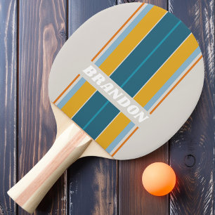 Raquette De Ping Pong Rayures de planche arc-en-ciel rétro avec nom
