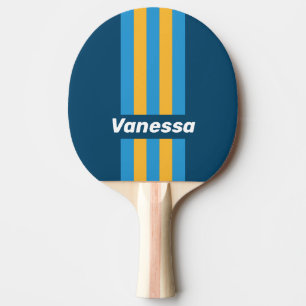 Raquette De Ping Pong Rayures fines bleu marine rétro avec nom