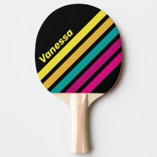 Raquette De Ping Pong Rayures foncées Rétro Années 80 avec Nom et Rayure