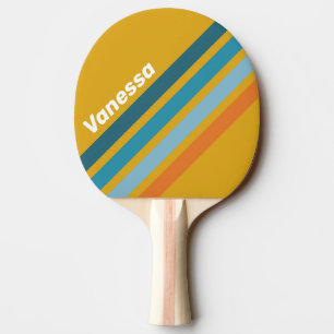 Raquette De Ping Pong Rayures jaunes rétro en angle avec nom