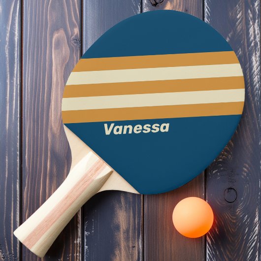 Raquette De Ping Pong Rayures rétro bleues avec nom