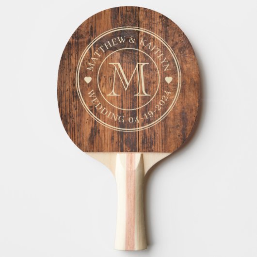 Raquette De Ping Pong Reclaimed Wood Wedding Monogram Heart (Devant)