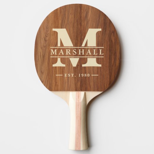 Raquette De Ping Pong Red Oak Wood Monogram & Name Overlay (Dos)