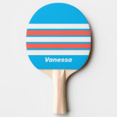 Raquette De Ping Pong Rétro bleu ciel clair rayé avec nom (Dos)