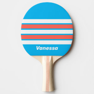 Raquette De Ping Pong Rétro bleu ciel clair rayé avec nom