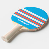 Raquette De Ping Pong Rétro bleu ciel clair rayé avec nom (Devant Angle)
