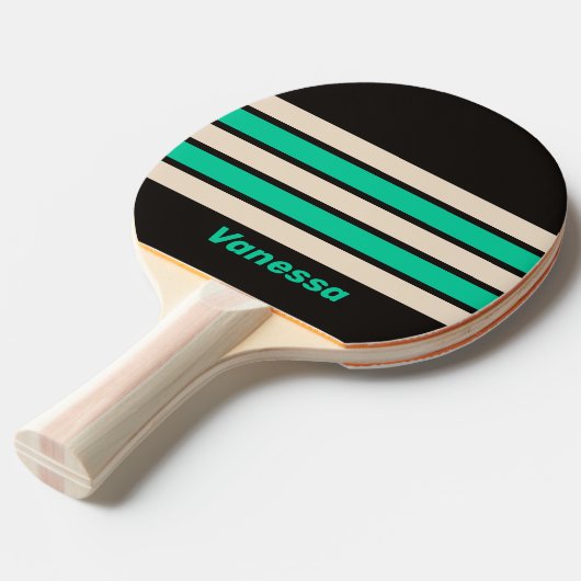 Raquette De Ping Pong Retro Midnight Mint Across Striping with Name (Devant Angle)
