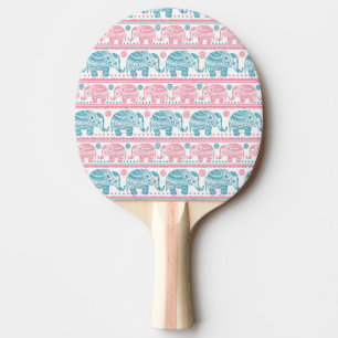 Raquette De Ping Pong Rose et motif ethnique turquoise d'éléphant
