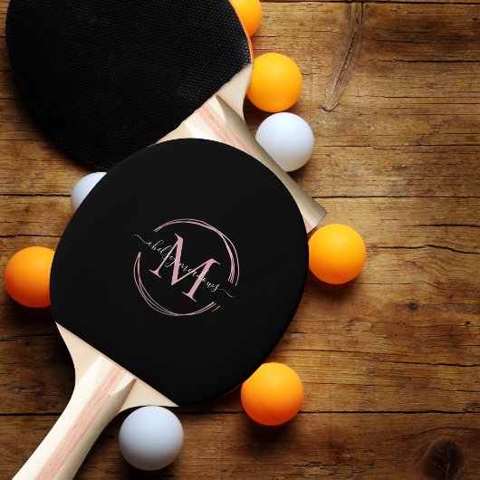 Raquette De Ping Pong Rose Gold Noir Monogramme Calligraphie Nom du scri