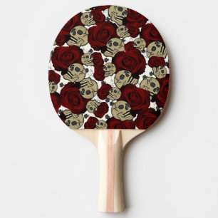 Raquette De Ping Pong Roses Rouges & Crânes Floral Noir Gothique Blanc