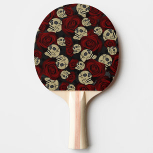 Raquette De Ping Pong Roses rouges et crânes gris noir floral gothique