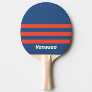 Raquette De Ping Pong Rouge et bleu rétro avec bandes sur trois et nom
