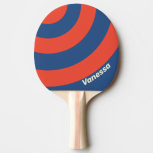 Raquette De Ping Pong Rouge Rétro & Bleu Trois Cercles Rayure avec Nom