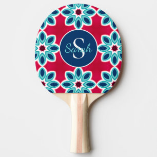 Raquette De Ping Pong Rouge vif et bleu géométrique moderne personnalisé