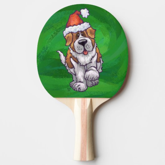 Raquette De Ping Pong Saint Bernard mignonne à Santa Chapeau sur Vert (Devant)