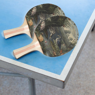 Raquette De Ping Pong Scène botanique de grues bleues au bord d'une rivi