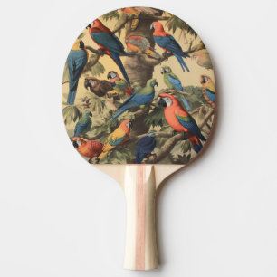 Raquette De Ping Pong Scène botanique vintage perroquets colorés dans un