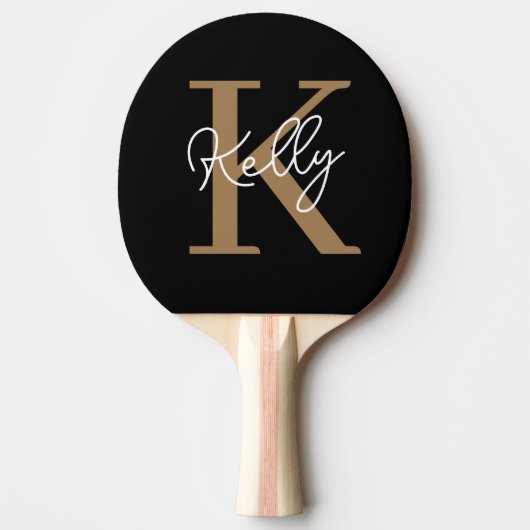 Raquette De Ping Pong Script de monogramme d'or noir moderne (Devant)