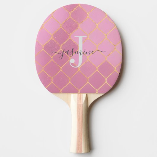 Raquette De Ping Pong Script Monogramme Pailleté Girly Or et Rose (Devant)
