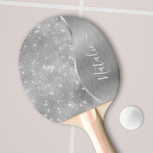 Raquette De Ping Pong Silver Glitter Glam Bling Personalized