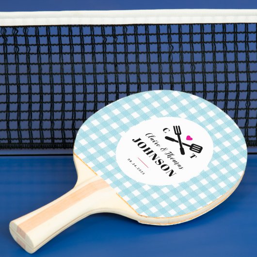 Raquette De Ping Pong Sky Blue En vichy Plaid Grill Monogram Mariage (Insitu)