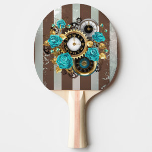 Raquette De Ping Pong Steampunk Clock and Turquoise Roses on Striped