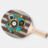 Raquette De Ping Pong Steampunk Clock and Turquoise Roses on Striped (Côté)