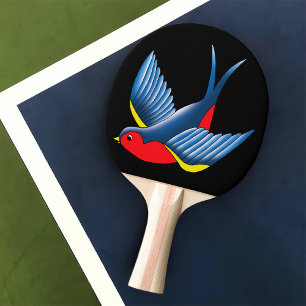 Raquette De Ping Pong Tatouage traditionnel d'hirondelle de style bleu f