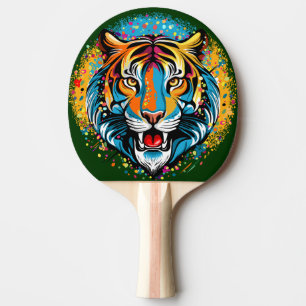 Raquette De Ping Pong Tête de tigre couleurs arc-en-ciel peinture taches