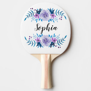 Raquette De Ping Pong Texte floral pourpre bleu de coutume de guirlande