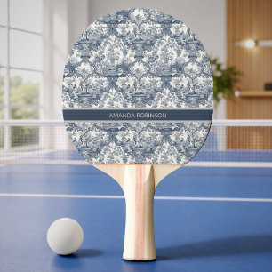 Raquette De Ping Pong Tissu damassé floral vintage Toile de Jouy bleue m