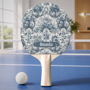 Raquette De Ping Pong Toile de jouy florale bleue vintage monogramme