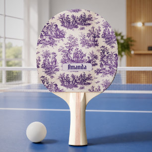 Raquette De Ping Pong Toile de Jouy florale violette vintage monogramme