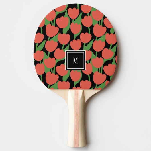 Raquette De Ping Pong Tulipes rouges rétro, monogramme personnalisé (Devant)
