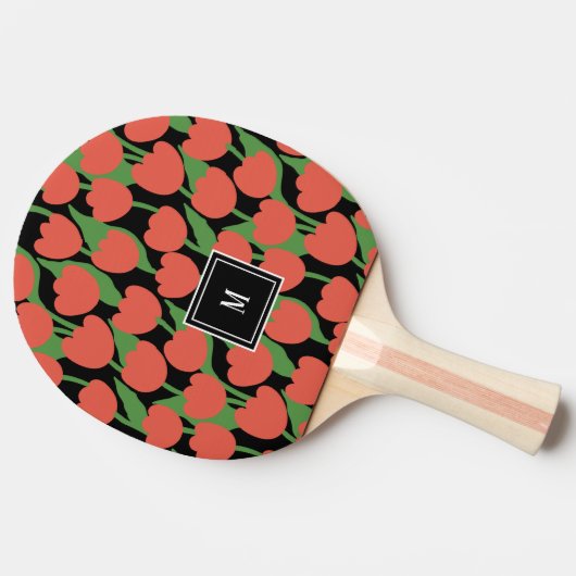 Raquette De Ping Pong Tulipes rouges rétro, monogramme personnalisé (Côté)