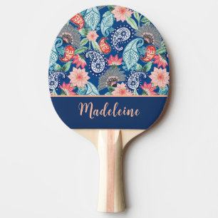 Raquette De Ping Pong Turquoise Bleu Royal Orange Floral Paisley Vintage