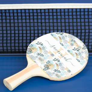 Raquette De Ping Pong Turquoise or blanc botanique monogramme élégant