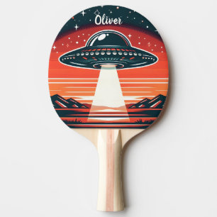 Raquette De Ping Pong UFO Vintage au coucher de soleil rouge personnalis