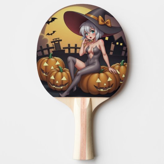 Raquette De Ping Pong Une sorcière d'Halloween aux yeux verts sur Jack-O (Devant)