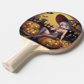 Raquette De Ping Pong Une sorcière d'Halloween aux yeux verts sur Jack-O (Devant Angle)